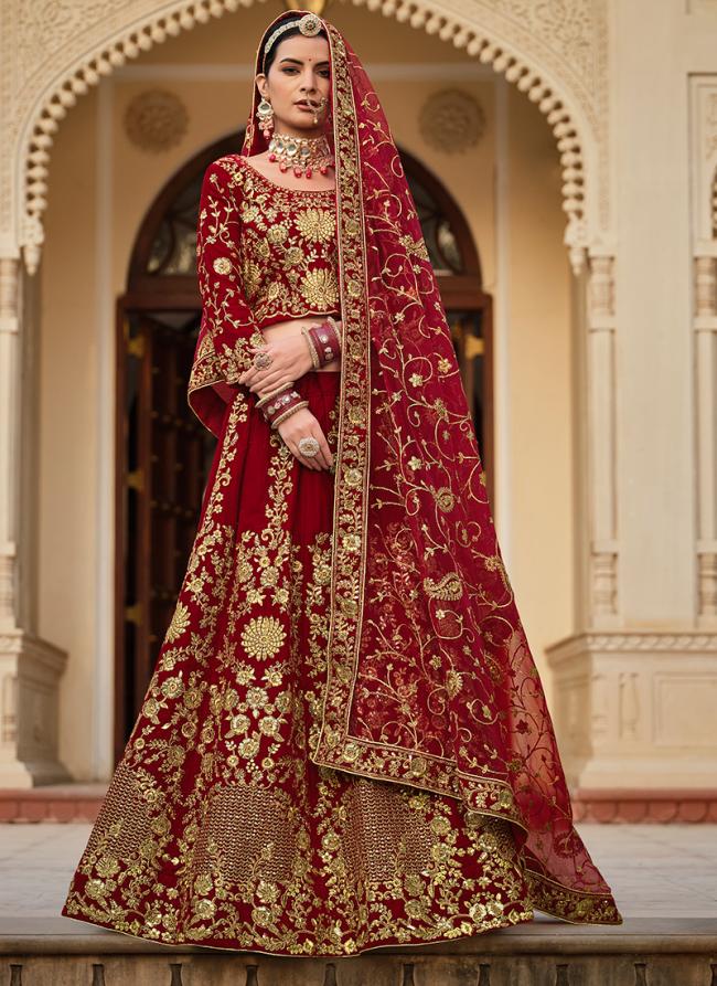 Velvet Red Bridal Wear Embroidery Work Lehenga Choli